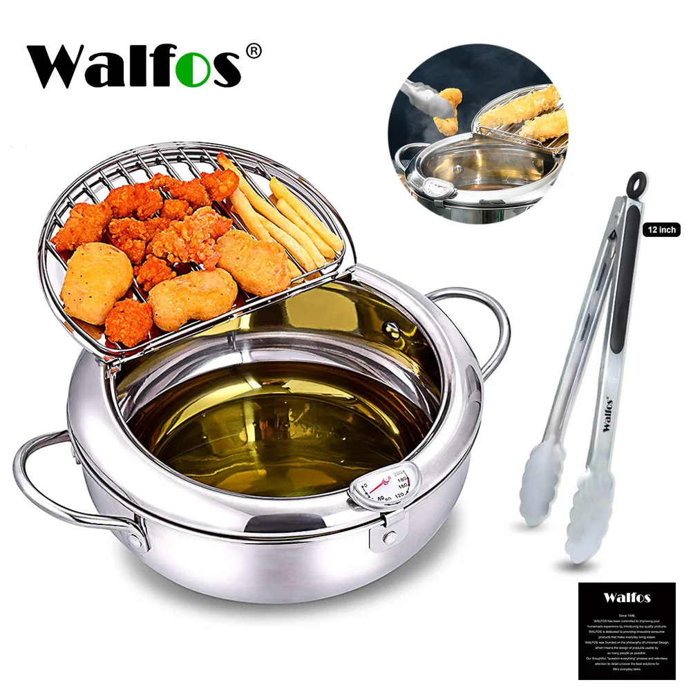 

WALFOS Japanese Deep Frying Pot with Thermometer and Lid 304 Stainless Steel Kitchen Tempura Fryer Pan Fried Chicken Cooking Pot