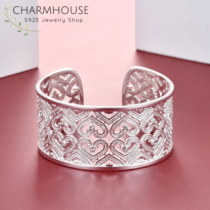 RUXIANG Bule Gemstones Heart Bangle Cuff Bracelet Jewelry for Women 