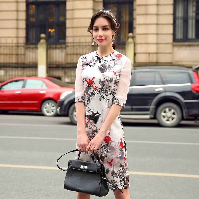 

silk dresses women natural 2020 spring summer white printed floral casual sexy qipao dress cheongsam plus size high-quality