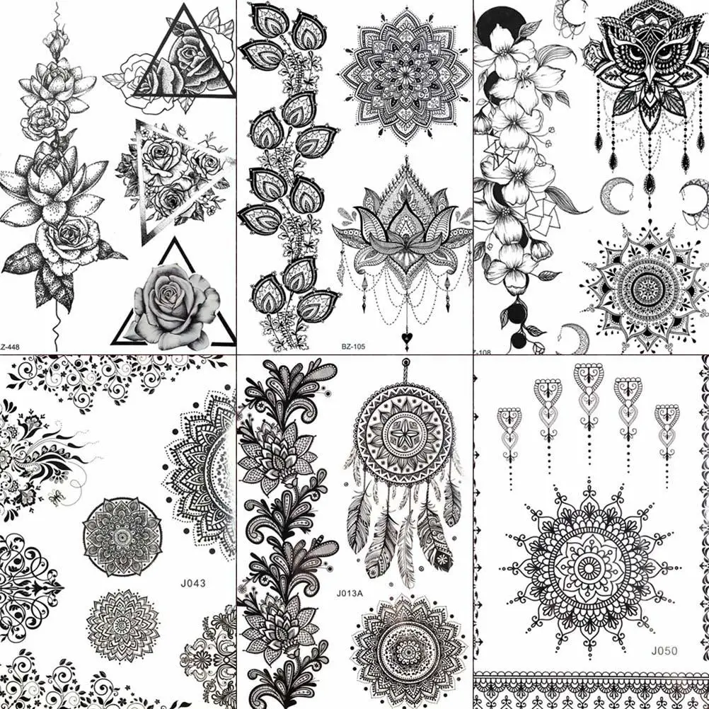 

FANRUI Owl Dream Catcher Black Henna Temporary Tattoo Sticker Lace Sexy Mehndi Fake Tatoo Fashion Body Art Arm Waist Tattoo DIY