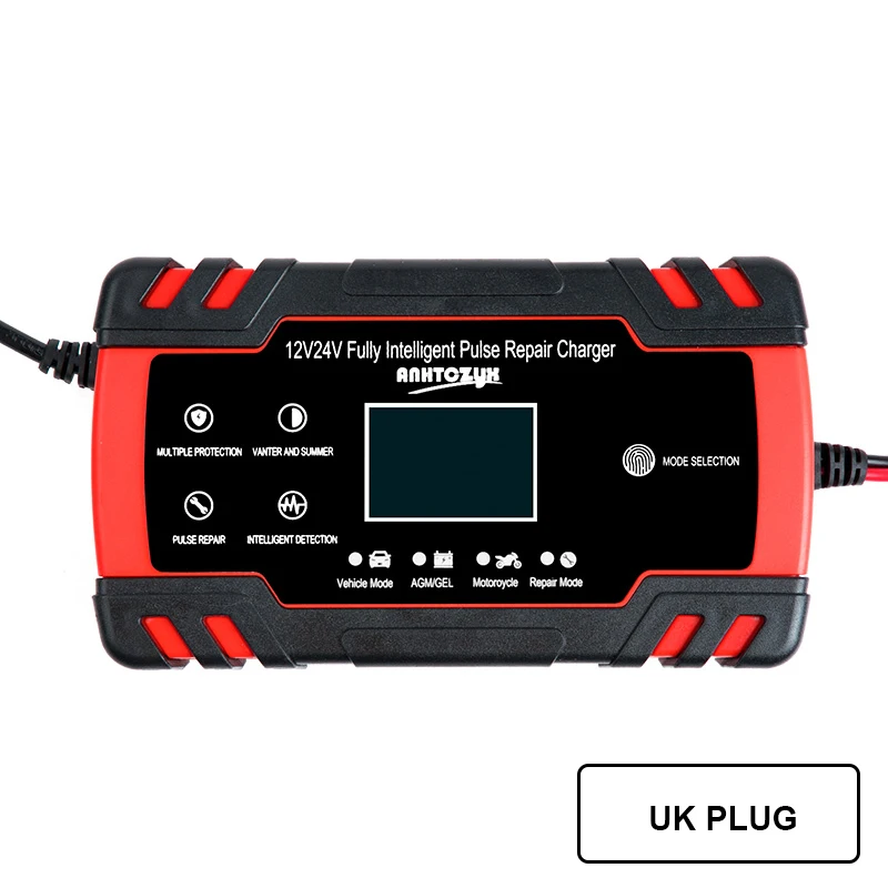 UK Plug Автомобильный Батарея Зарядное устройство 12/24V 8A Сенсорный экран ремонт импульса ЖК-дисплей Батарея Зарядное устройство для автомобиля мотоцикла свинцово-кислотный Батарея Agm гель мокрый - Цвет: UK Plug