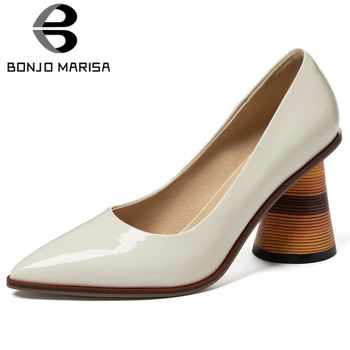 

BONJOMARISA Office Ladies Concise Genuine Leather Fashion High Strange Heels Pumps Women Elegant Shallow Ol Shoes Woman