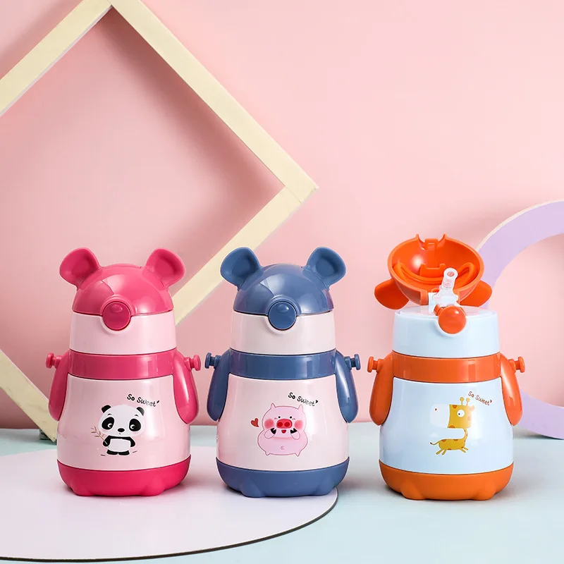 

2019 New Style Cartoon Handle Children Cup with Straw Portable Glass Shoulder Strap Insulation Bottle Insulated Stainless Steel