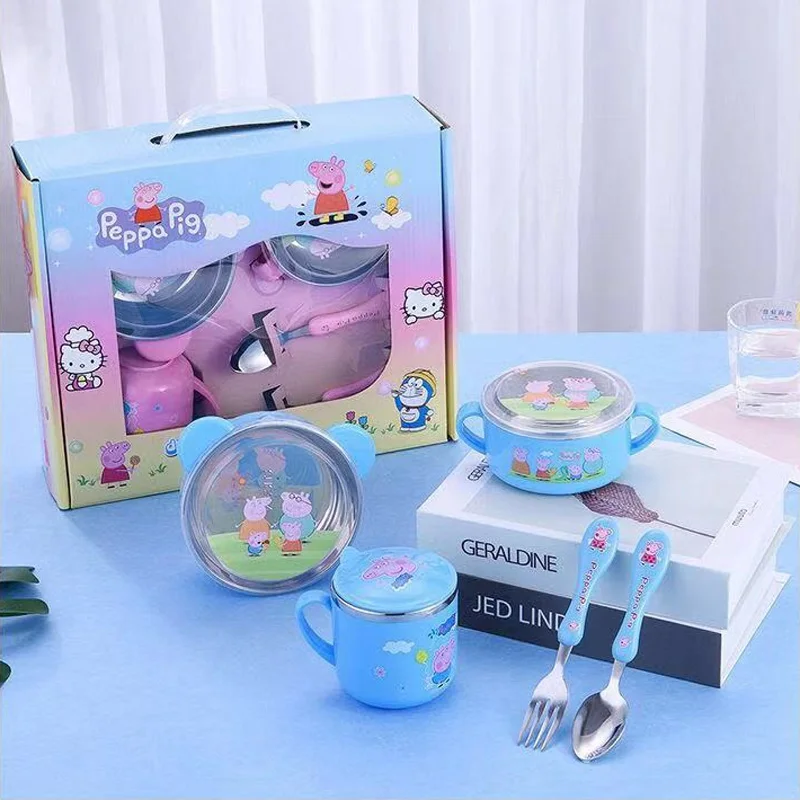 

New Peppa Pig 5 Pcs/set Cartoon Action Figure Model Stainless Steel Tableware Spoon Fork Daily Eating Supplies For Children Gift