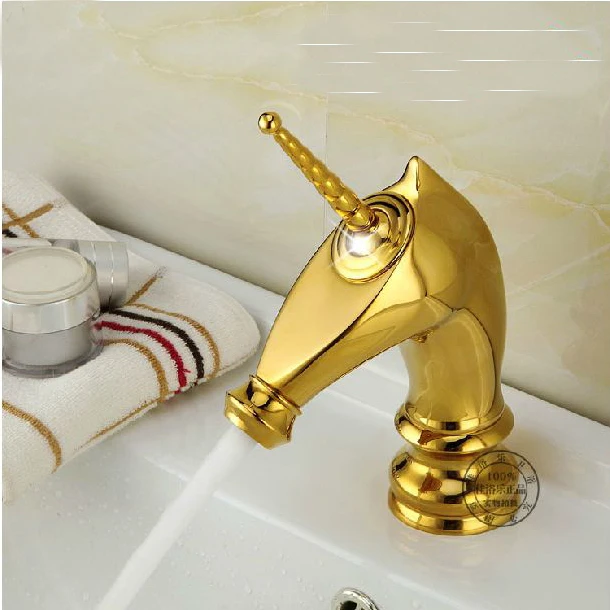 

Basin Faucets Unique Fashion Bathroom Horse Head Faucet Golden Brass Deck Mounted Single Long Handle Toilet Mixer Taps