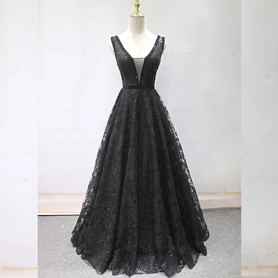 

V-neck Lace Prom Dresses 2019 Lace Up Back Floor Length A-line Formal Evening Gown For Women Vestidos De Gala