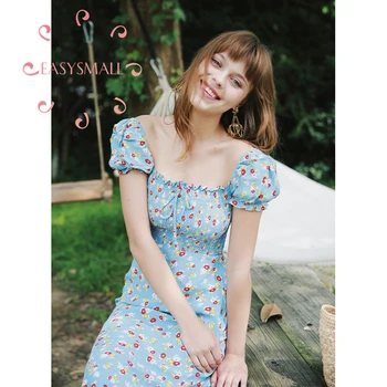 

EASYSMALL Women dress blue flower fashion Summer Beach Sexy Backless high-end Slim sweetwear High Waist short sleeve Dresses