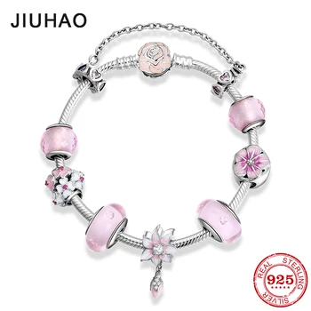 

New 925 Sterling Silver Women Luxury Bracelet Pink enamel Flower Glass Beads Charm Bracelet For Women Party Jewelry DIY Gift