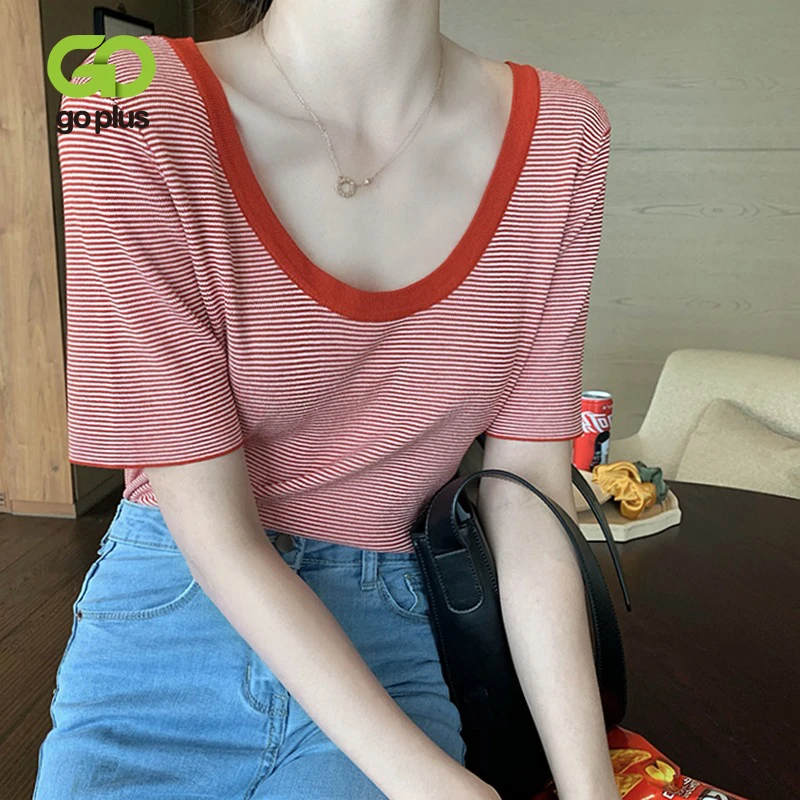 

GOPLUS Summer Women's Tshirts Korean Style Striped Black Round Neck Short Sleeve Tops Tshirts Womans Ropa De Mujer
