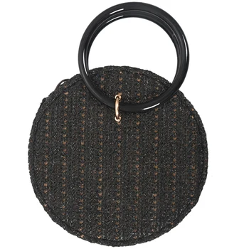 

Women Handmade Round Beach Shoulder Bag Circle Straw Bags Summer Woven Rattan Handbags Women Messenger Bags(Black)