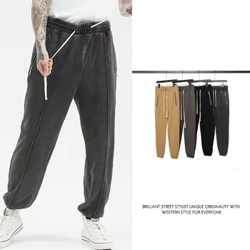 

Autumn and Winter New Wash Retro Tide Brand Zipper Loose Beam Foot Men's Trousers Solid Color Casual Street Fashion Pants