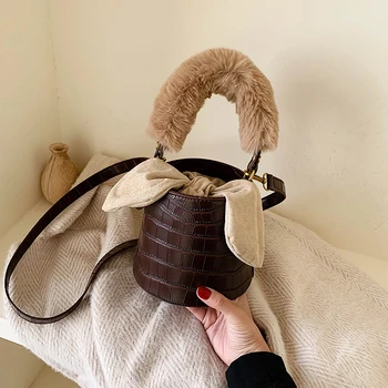 

Designer Plush Handle Female Bucket Bags Women Alligator Handbags 2019 New PU Leather Women Shoulder Bags Crocodile Lady Hand Ba