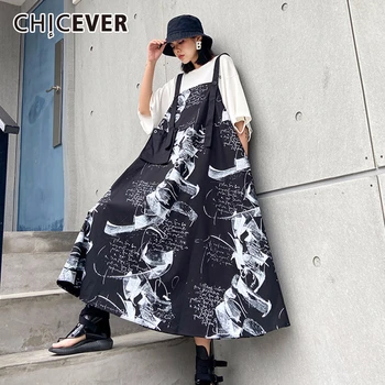 

CHICEVER Print Dress For Women Square Collar Quarter High Waist Sleeveless Loose Oversized Female Dresses 2020 Summer Fashion