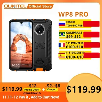  Прочный Спортивный мобильный телефон OUKITEL WP8 Pro, NFC, IP68, 6,49 дюйма, сканер отпечатков пальцев, Android 10, 4 ГБ, 64 ГБ, 5000 мАч, тройная камера 16 МП 