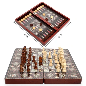 Best Quality Luxury Knight Checkers Chess Backgammon Foldable Intellectual Entertainment Game 40x40cm Portable 3-in-1 Board Multiple Modes-