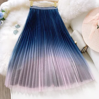 

2020 Top Quality High Waist Pleated Long Skirt Women Bohemian Two Layer Gradient Color Summer Mesh Skirt Faldas Jupe Femme Saia