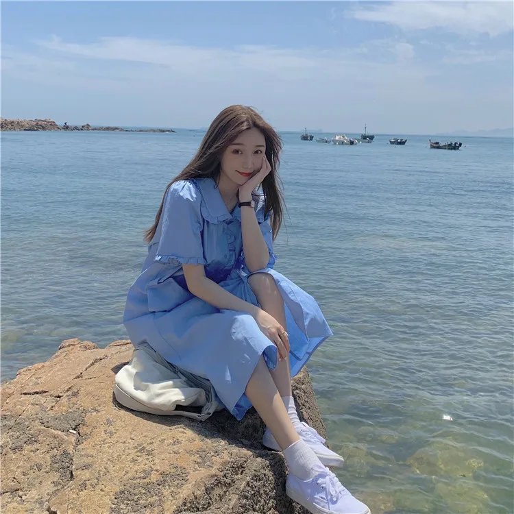 Korean Chic Summer New Sweety Girly Dress Peter Pan Collar Cute Petal Sleeve Single-breasted Solid Dresses Pure Blouses Dress