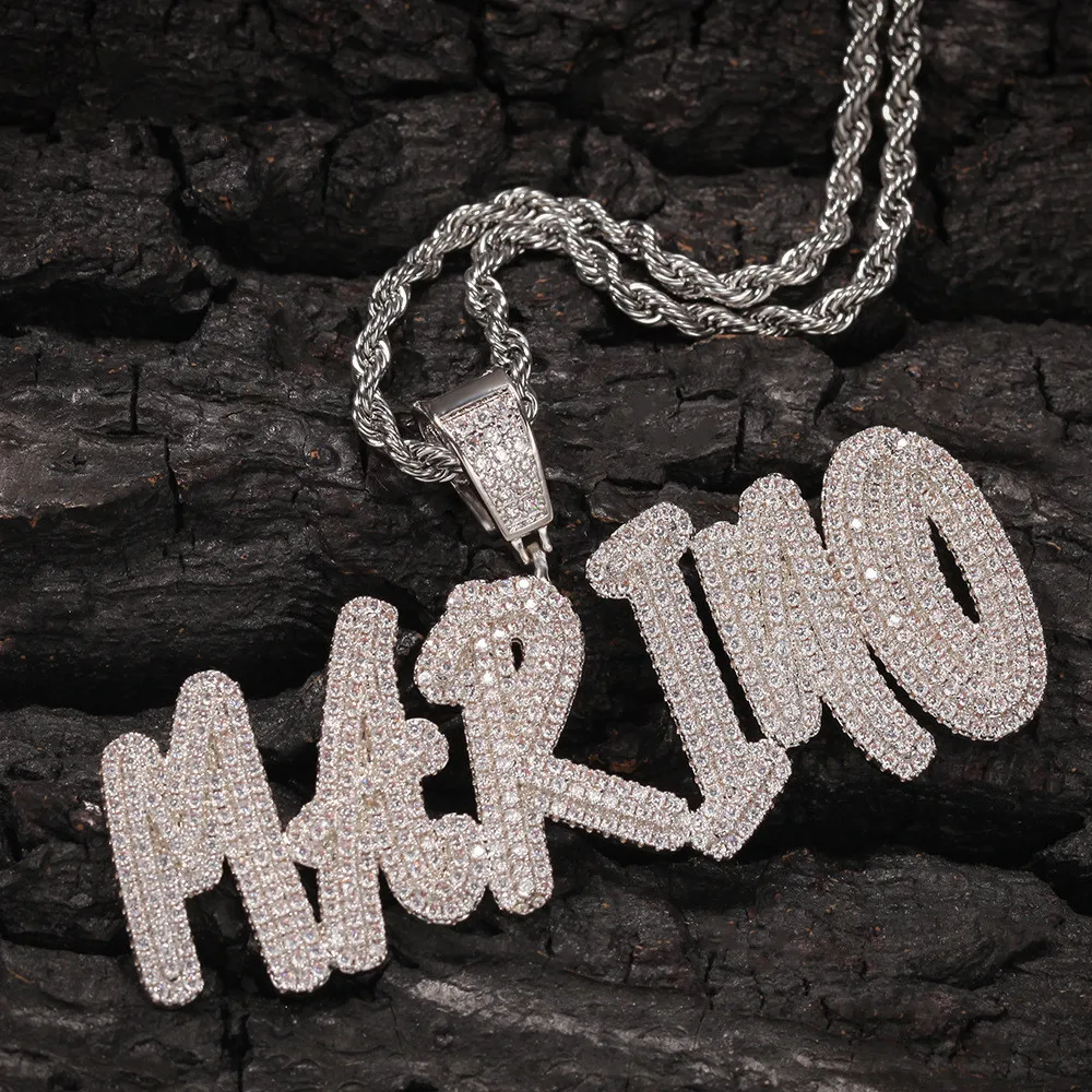 

Customized Hiphop Jewelry Cursive Writing Name Necklace Initial Letters Pendant Full Iced Out Words Cubic Zirconia Jewelry Chain