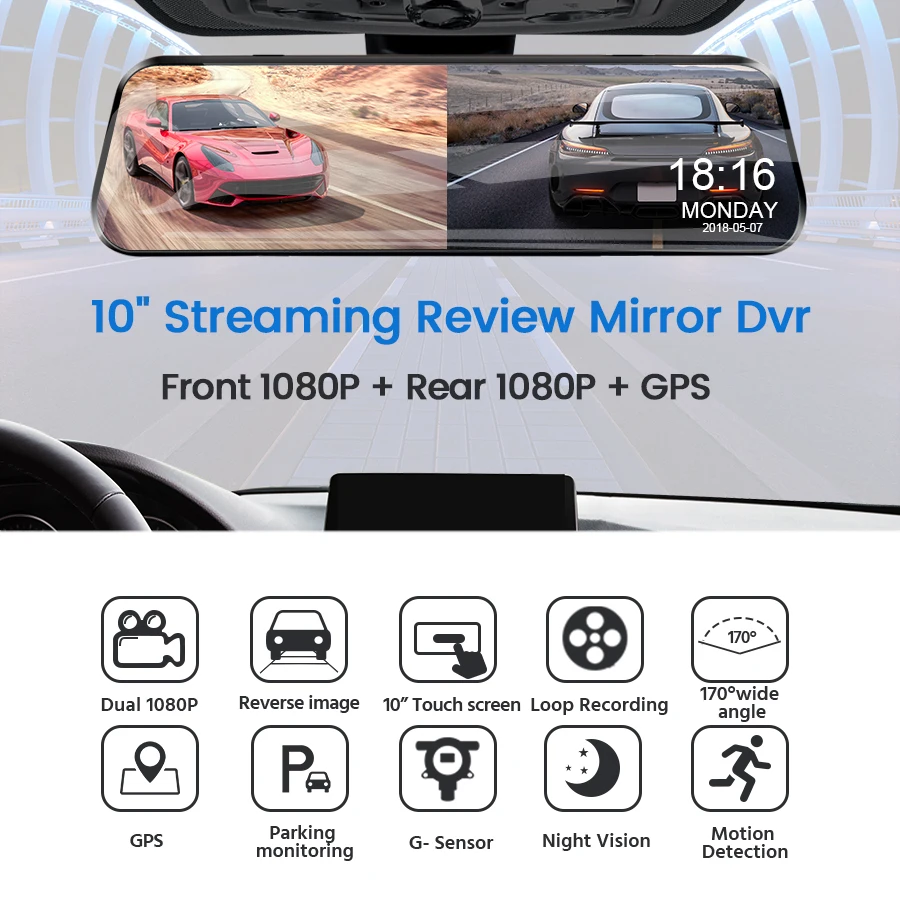 

OLOKY 10'' Full Touch Car Dvr Streaming Media Mirror Dash Cam HD 1080P Video Recorder Dual Lens Support 1080P Rearview CameraGPS