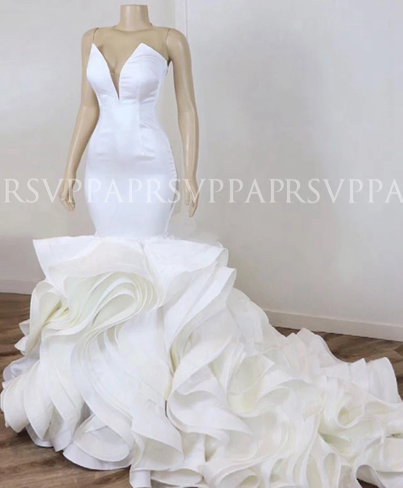 

Plus Size Luxury Sexy Mermaid Bride Trumpet Wedding Gowns Satin African Women White Wedding Dress 2019