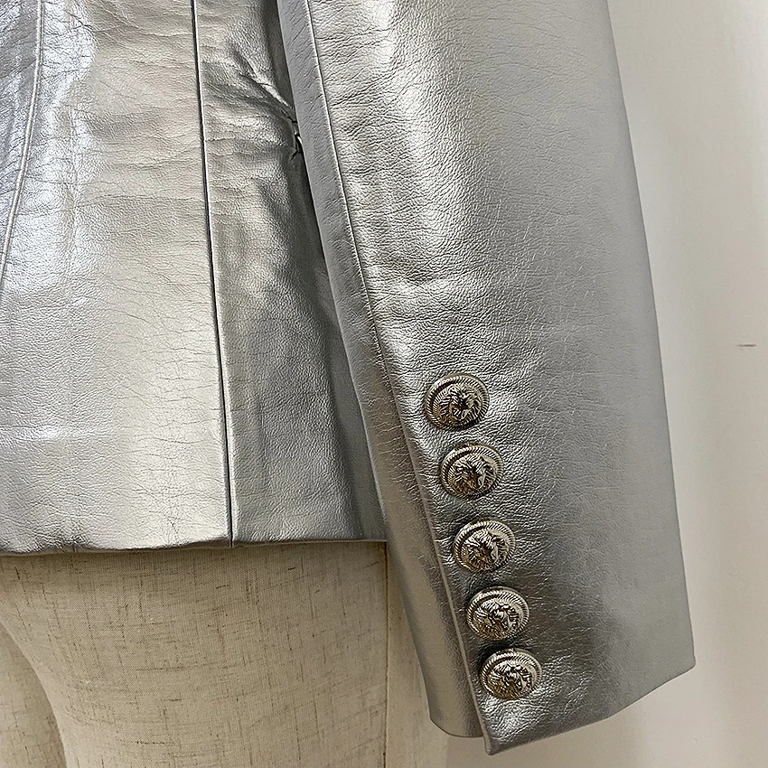 HIGH STREET Newest 2021 Designer Stylish Runway Women's Fashion Lion Buttons Silver Leather Blazer Jacket 4