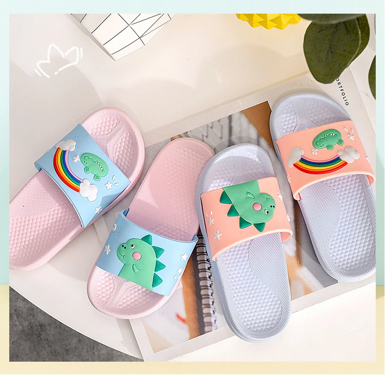 Summer Kids Slippers Soft Non-slip Boys Girls Beach Swimming Shoes Children Flip Flops Rainbow Dinosaur Indoor Slippers