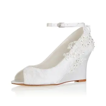 

Ankle Strap High Heel White Lace Wedding Dress Wedges 8 CM