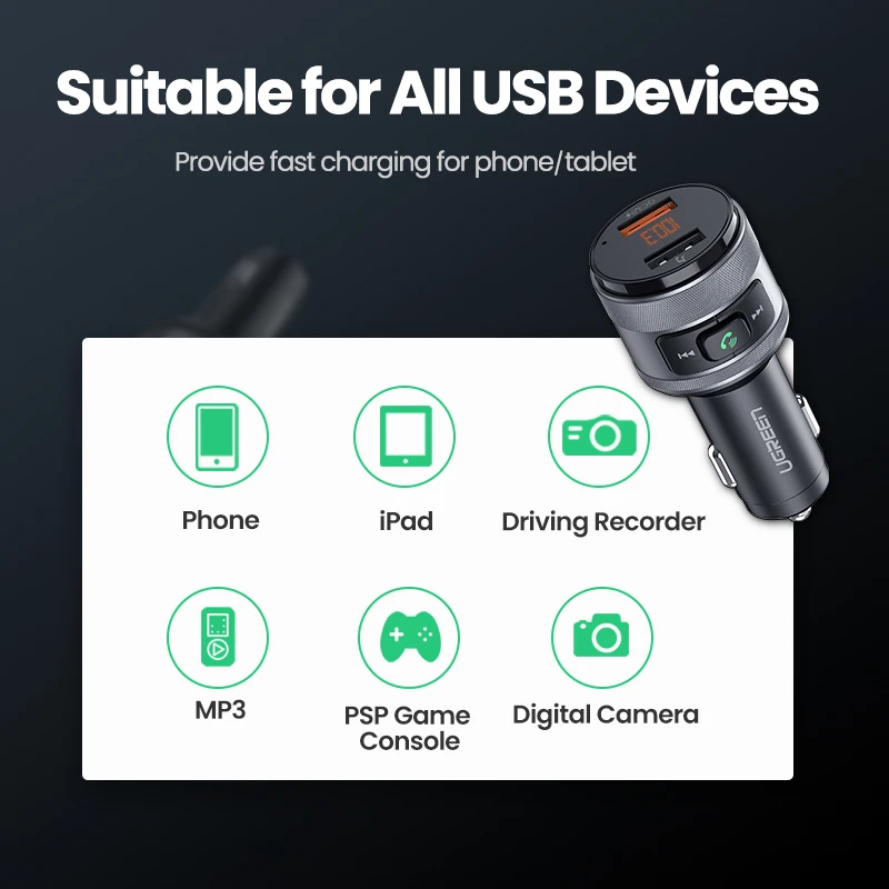 Автомобильное зарядное устройство Ugreen USB FM передатчик QC 3 0 быстрая зарядка в