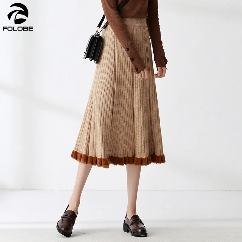 Осень Зима вязаная юбка женская мода эластичная высокая талия плиссированные юбки женские юбки Saia Миди юбка куртка Femme