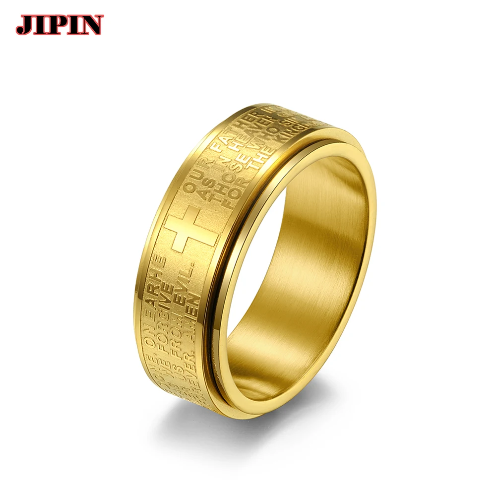 Neo-Gothic Rotatable Stainless Steel English Letter Prayer Ring Men's Bible Cross Rings For Women Men Jesus Christian Jewelry |