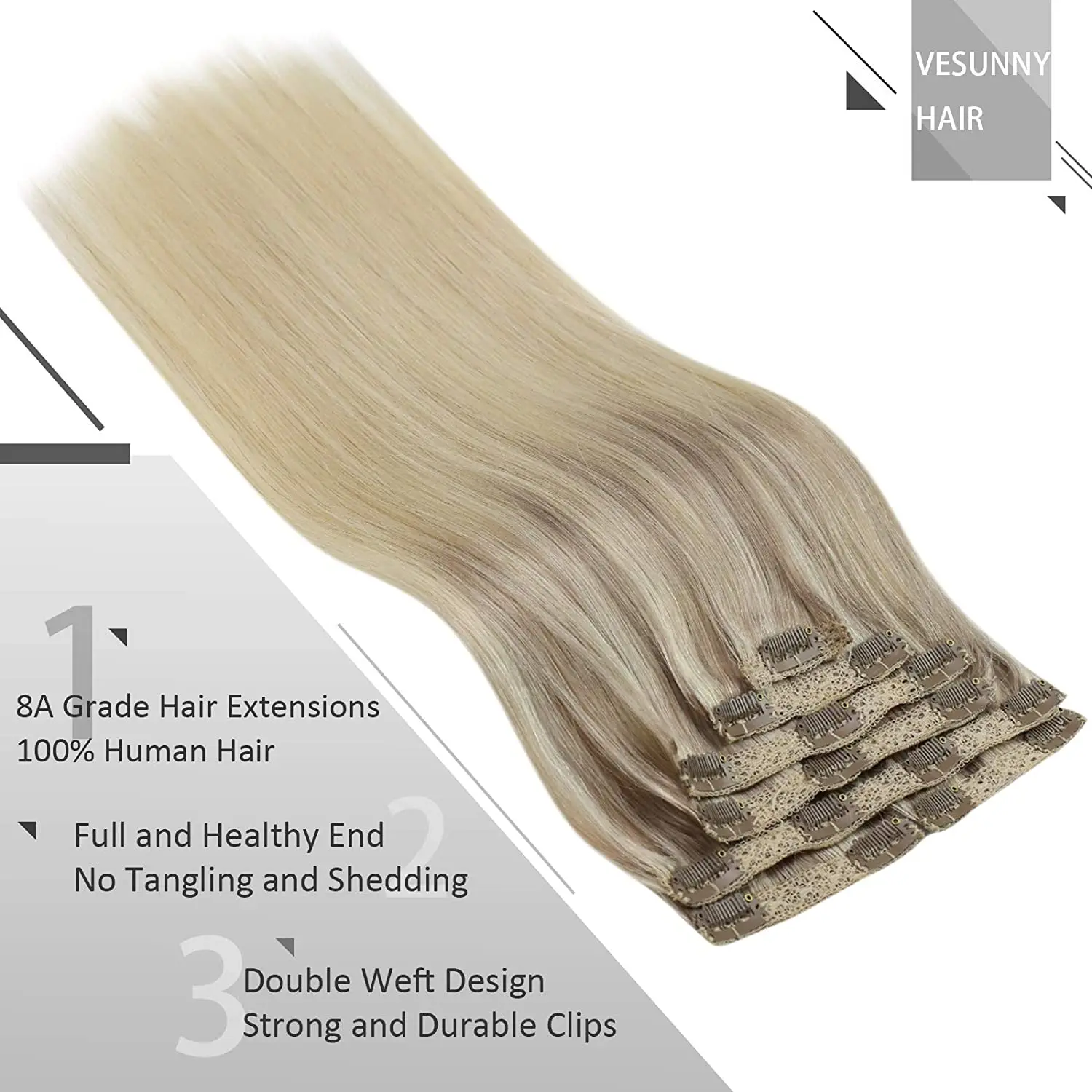 VeSunny Clip in Hair Extensions Machine Made Remy Human Hair for Women Silky Straight Human Clip in Extensions Double Weft