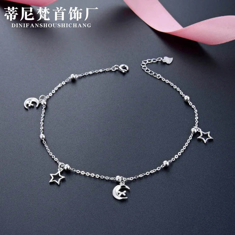 

S925 Fine Silver Simple Cool Star And Moon Anklet Foot Ornaments Women's Japanese And Korean Style Fashion Summer Beach Accessor