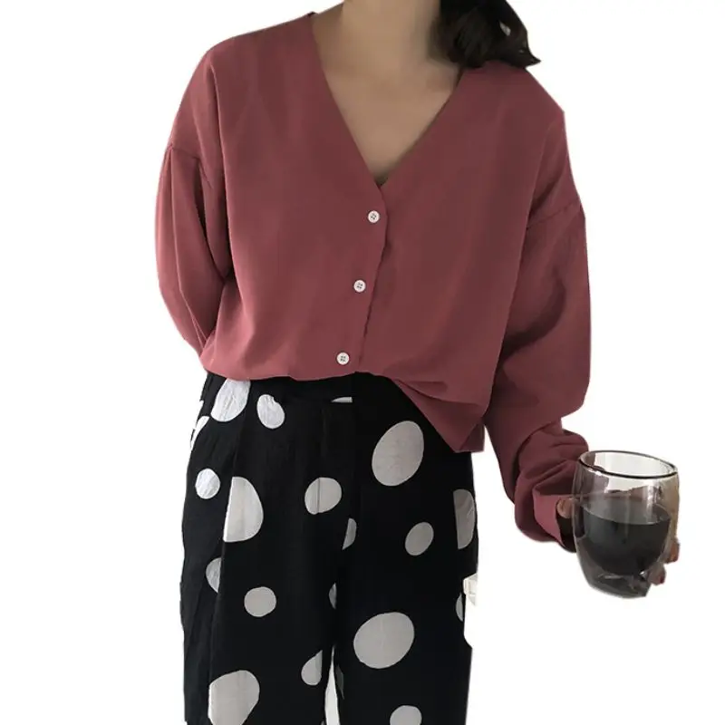 Women Blouse Long Sleeve Chiffon Blouse V-neck Button Tops  Blouses Solid Office Shirt Lady Blouse Shirt Camisa Blusas