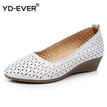 

Spring Summer Women Shoes Genuine Leather Casual Slip-on High Heels Hollow Out Wedges Shoes Women Pumps Large Size