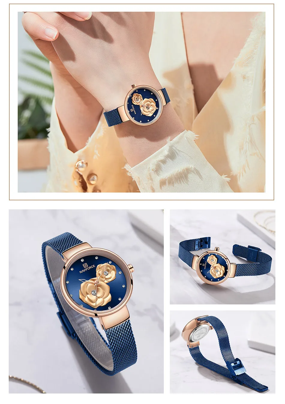 Женские часы NAVIFORCE Топ люксовый бренд сталь сетка водонепроницаемые женские часы цветок кварцевые женские наручные часы очаровательные часы для девушек