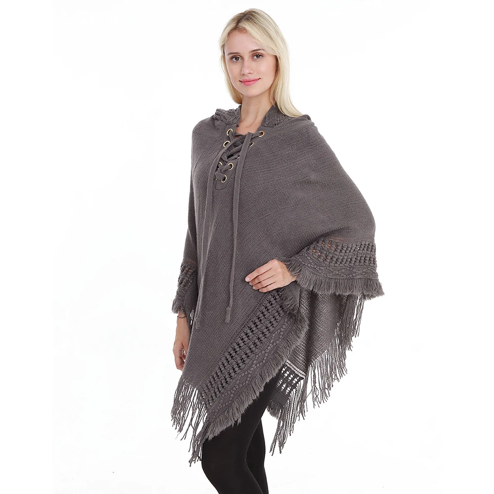 2019New Ladies Hooded Poncho Solid Color Cape With Rope Tassel Crochet Knitting Poncho For Women Pullover - Цвет: Серый