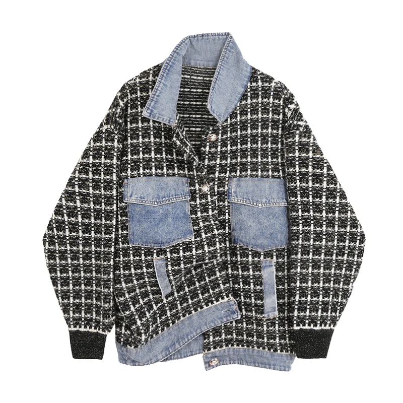 

Autumn loose Korean style lapel single-breasted straight denim stitching jacket female trend