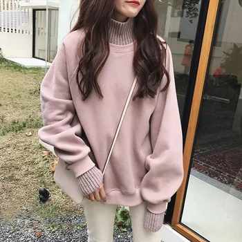 

Korean Oversized Hoodies Female Winter False Two Pieces Turtleneck Women's Sweatshirt Loose Thick Fleece Pullovers