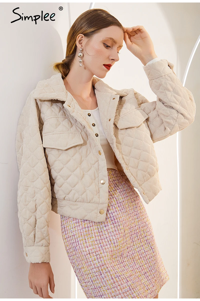 Simplee Fashion turndown collar corduroy coats jackets Bat sleeve single-breasted women parkas Casual female short winter coat