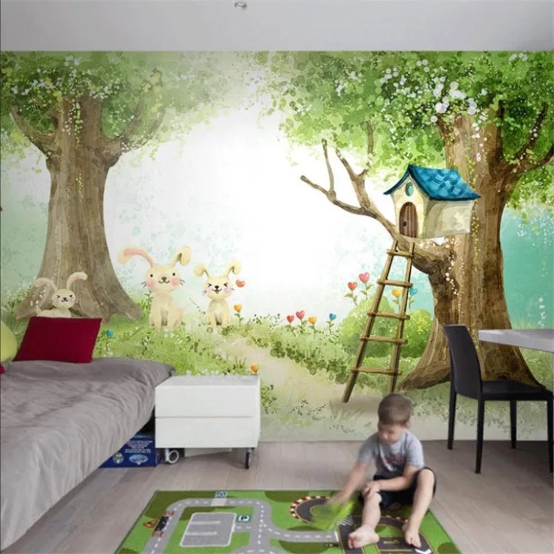 

Custom Children's Room Wall Paper 3D Cartoon Forest Rabbits Background Wall Papers Home Decor 3D Mural Wallpaper for Kids Room