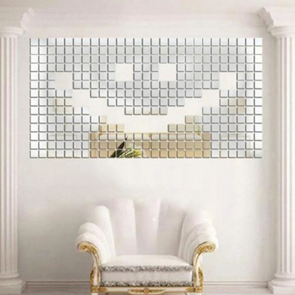 High Quality 100Pcs Square Mirror Tile Wall Stickers 3D Decal Mosaic Home Room Decoration DIY For Living Porch Gift | Дом и сад