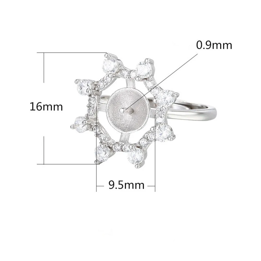Ring Blank for 8mm-9mm Round Beads or Pearls White Gold Plated 925 Silver Zircon Ring Setting Adjustable Ring Base SR0096