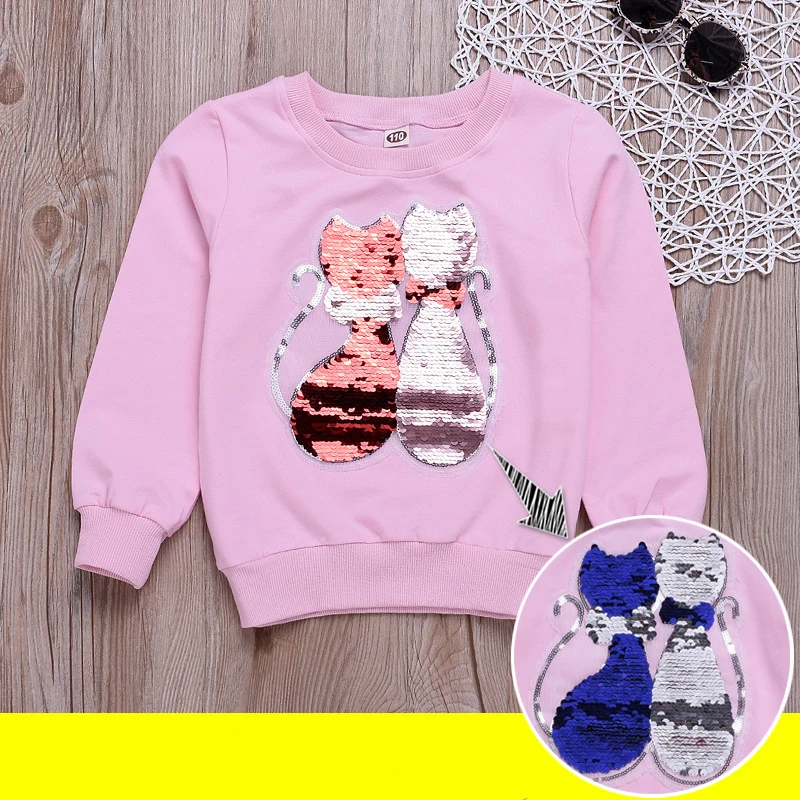 Cartoon Sequins Cat Sweatshirt Kids Girls Spring Children Cotton Long Sleeve Tshirts Fashion Cute Tops Toddler Clothes New - Цвет: Cat pink