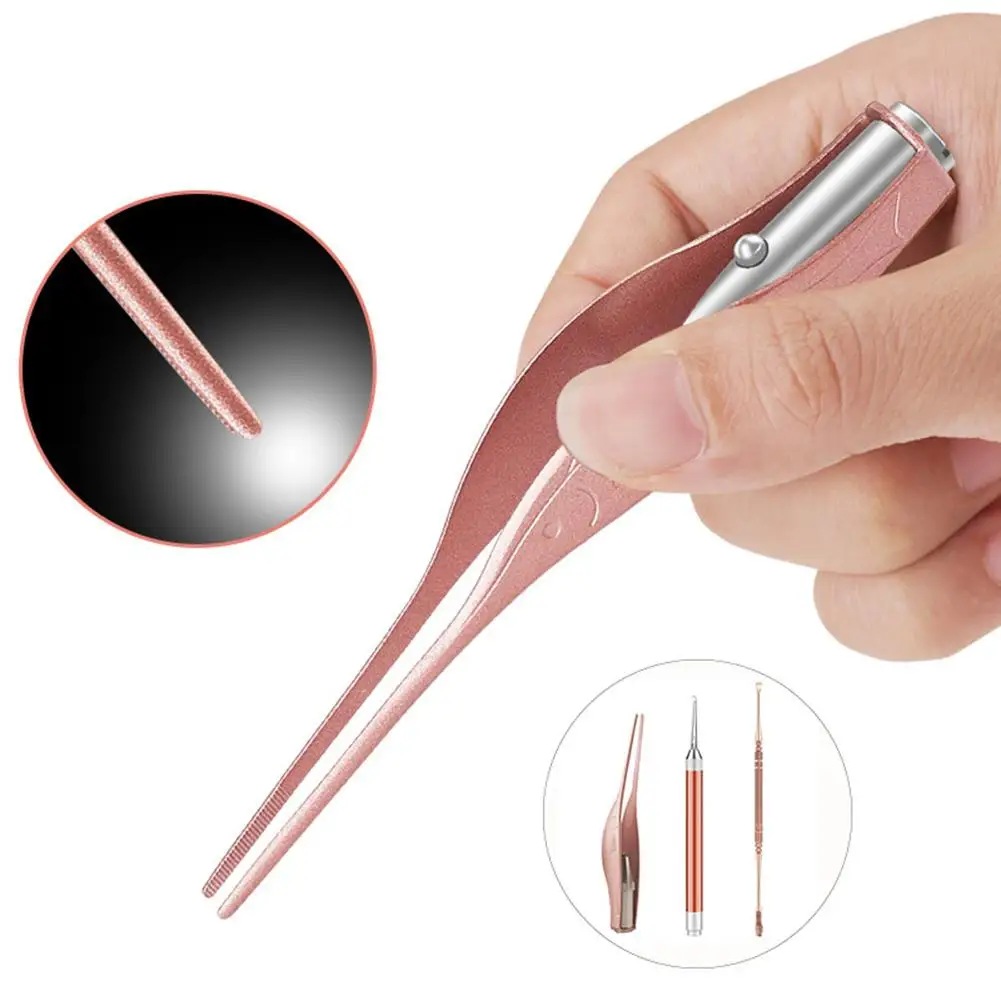 3Pcs/Set Kids LED Ear Pick Set Stainless Steel LED Flashlight Kids Adult Earwax Remover Spoon Cleaner Safe