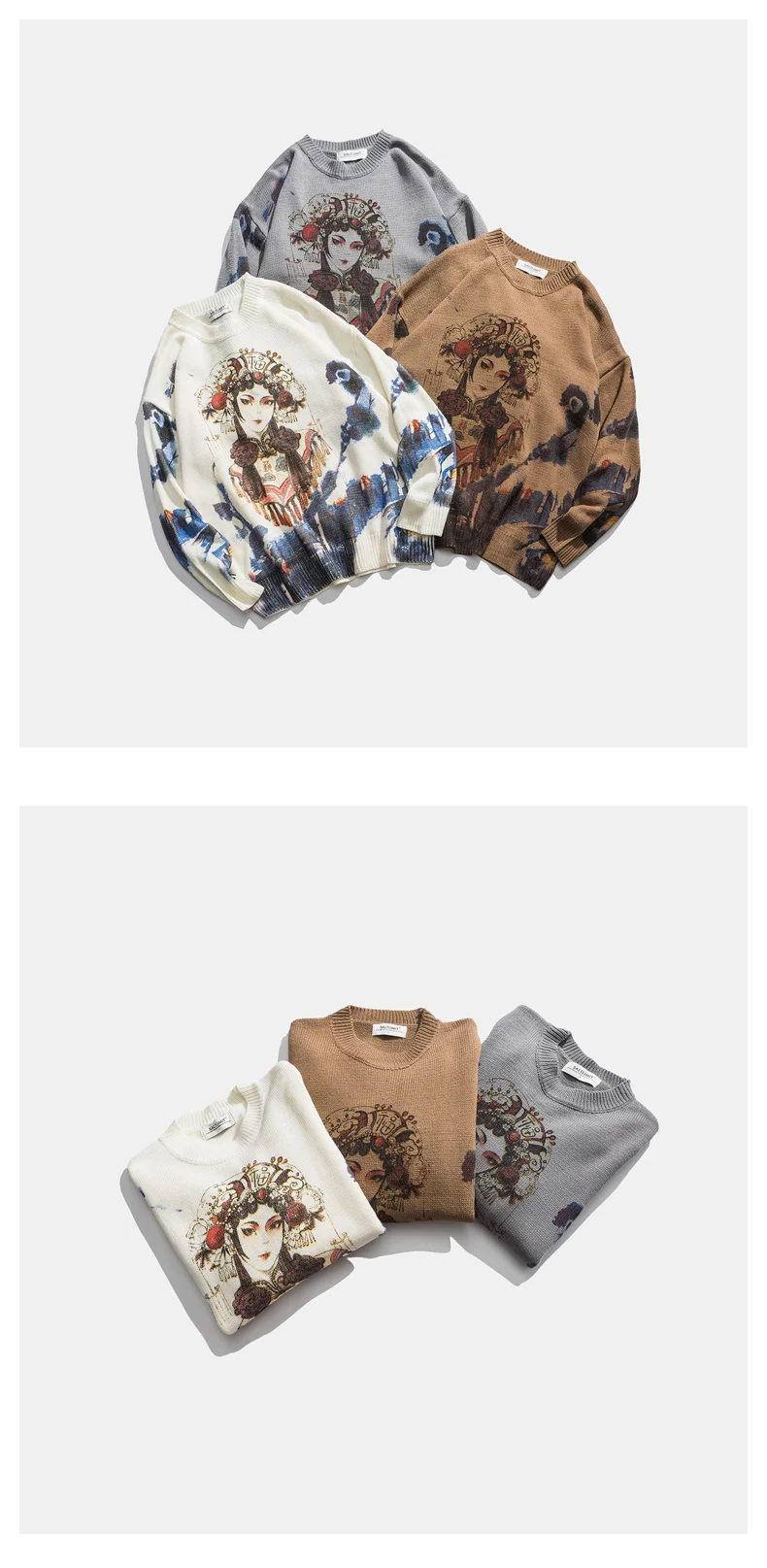 ZAZOMDE Casual Men Sweater O neck Beijing Opera Pattern Pullovers  Knittwear Autumn Sweaters Mens Loose Pullovers Men