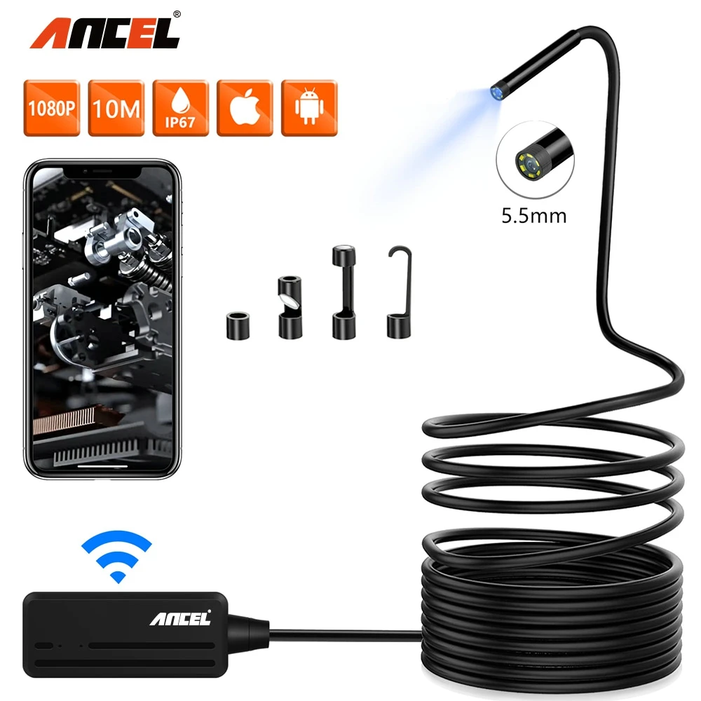 Эндоскоп камера Ancel wifi 5 мм usb для осмотра 1080P iPhone Android ПК IP67 водонепроницаемая