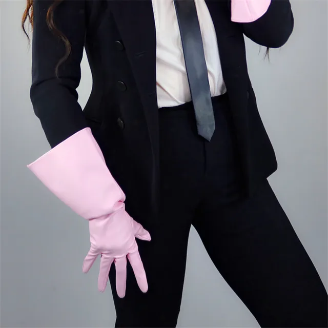 Newest Women PU Gloves Loose Long Faux Leather Glove 90cm Big Sleeve Amulation Sheepskin Light Pink Female WPU308 38cm big sleeve