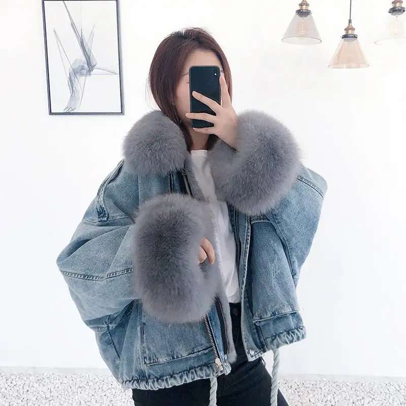 Finest  Fox Fur Collar Denim Jacket Winter Women Loose Overcoat Short Fur Coat Jeans Removable Rabbit Fur L