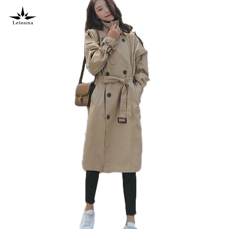 Leiouna Turn-down Zipper Long Loose Vintage Trench Female Windbreaker Women Autumn Overcoat Cloak Sashes Hiver Manteau Femme | Женская
