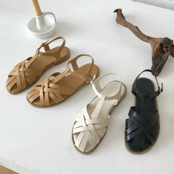 

Brand Summer Sandals Women Flats T-Strap Gladiaror Sandal Casual Narrow Band Shoes Ladies Buckle Flat Slides 2020 Zapatos Mujer